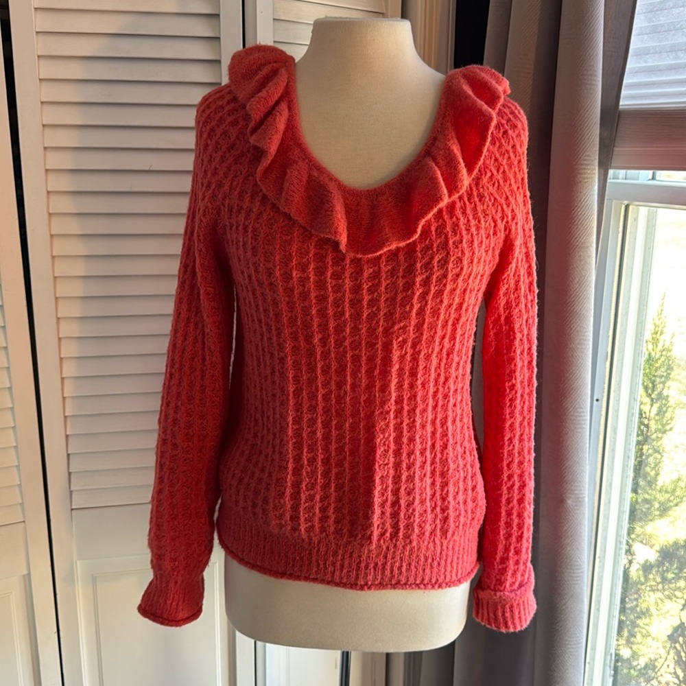 Ruffled Pink sweater.
Can be worn on or off the shoulder. Size L. 
Worn 2X